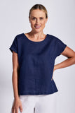 NAVY LINEN CAP SLEEVE TOP