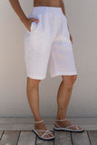 WHITE ELASTIC WAIST LINEN SHORT